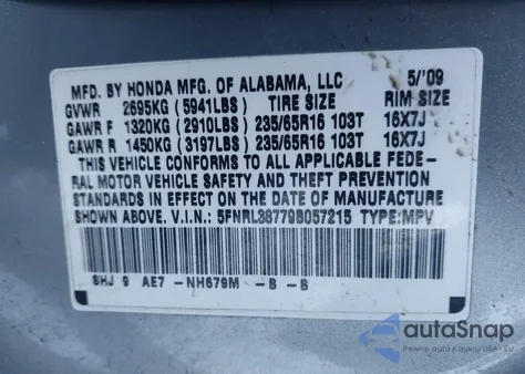 2009 Honda Odyssey Ex-L из США, поврежденный, VIN 5FNRL38779B057215